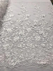 WHITE PRINCESS 3D FLORAL EMBROIDER WITH PEALS ON A MESH LACE-SOLD BY YARD. - Picture 1 of 6