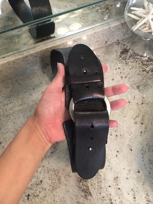 LINEA PELLE Black Metallic Leather Silver Floral Embossed Front Buckle Belt M - Image 1 of 4