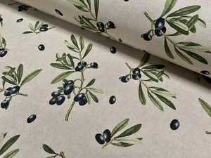 Black Olives Branch Linen Look Print Fabric Curtain Green Leaf Material 55" Wide - Picture 1 of 7