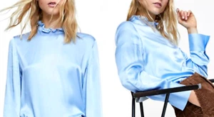 ZARA LONG SATIN BLOUSE WITH FRILL NECKLINE SIZE LARGE NEW - Picture 1 of 9