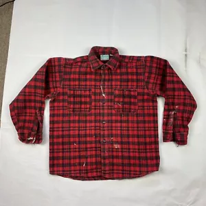 KP Flannel Men's Medium Button Up Long Sleeve Cotton Red Plaid DISTRESSED - READ - Picture 1 of 14