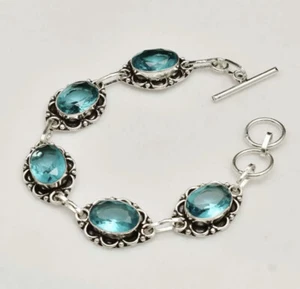 BRACCIALE CATENA MAGLIA ARGENTO STERLING 925 TOPAZIO BLU OVALE NATURALE 7,5" FATTO A MANO - Foto 1 di 2