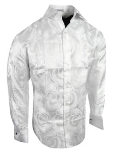 Event Dress Shirt Bold Paisley Floral Pattern Sheen Mens French Cuff by Leonardi - Picture 1 of 12