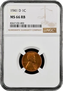 1941 D Lincoln Cent graded by NGC MS 66 RB - Picture 1 of 2