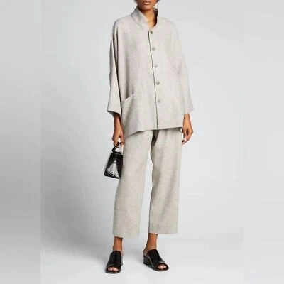 Eskandar Beachy STITCH EFFECT LINEN Stripe Blazer WIDE CHINESE COLLAR JACKET - Image 1 of 4