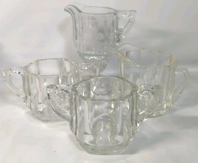 Lot 4 Vintage Clear Heavy Glass Creamer & Sugar Bowl Set Pressed Star Bottom EUC - Image 1 of 4