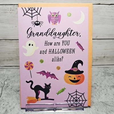 Tarjeta de felicitación de Halloween para nieta rosa gato negro calabaza sello Foto 1 de 4