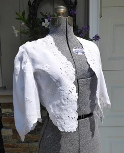 ANTIQUE WHITE LINEN FLORAL HAND EMBROIDERY BOLERO JACKET BEAUTIFUL ! - Picture 1 of 12