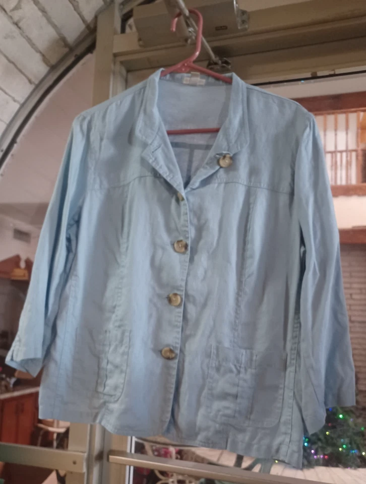 Camisa para mujer Cherokee 100 % lino abotonada grande azul claro Foto 1 de 4