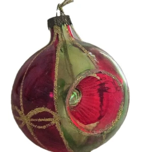 vintage glass Indented christmas ornament Hamdblown Painted Red Green Glitter - Picture 1 of 12