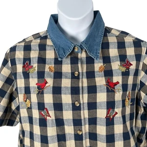 Vtg Basic Editions Button Front Shirt 22W Navy Check Denim Collar Embroidery - Picture 1 of 7