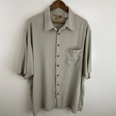 加勒比丝绸夏威夷风格衬衫男式 XLT 高 XL 米色短袖纽扣 — 第 1/4 张图片