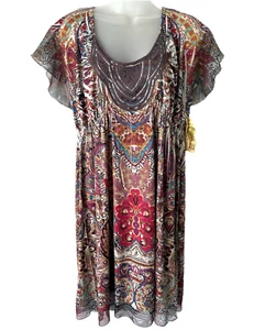 ONE WORLD Women's Colorful Short Sleeve Boho Art to Wear Dress Size M *NWT* - Picture 1 of 7