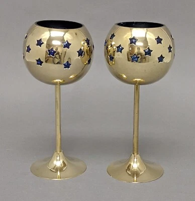 Votive Candle Holder Brass Blue Glass Liner Star Cutouts 4"D 9"High Set/2 - Image 1 of 4