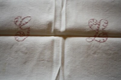 Nappe N°220 ancienne en chanvre et lin monogramme rouge GL 110 x 150 cm liteaux - Photo 1/4
