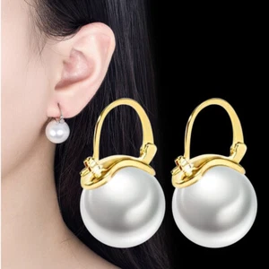 925 Silver Beautiful 12mm 14mm Big Pearl Hoop Earrings Women Wedding Jewelry - Picture 1 of 17