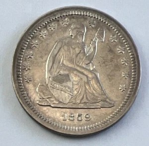 1859 Philadelphia Mint Seated Liberty Quarter 25C Ungraded 90% Silver US Coin - Bild 1 von 3