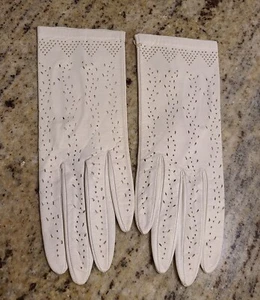 New! Vtg Sz XS S Ivory Leather Formal 8.5"Gloves Pierced Eyelet Geometric Italy - Picture 1 of 13