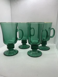 Libbey Glass 4PC TEARDROP JUNIPER GREEN Irish Coffee Mugs Gold Rims - Picture 1 of 4