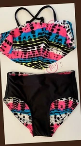 NWT Girls 8 JUSTICE 2pc SWIMSUIT Neon/Black Rainbow Reversible Bottom+Cross Back - Picture 1 of 9