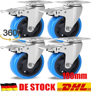 Set 4 Lenkrollen 10cm mit Bremse Blue Wheel Transport Industrie Rolle Rollensatz - Bild 1 von 10
