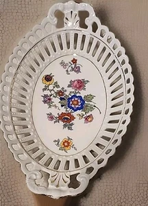 VNTG Schumann Bavaria Floral Reticulated Lattice Oval Double Handle Plate 10.75" - Picture 1 of 11