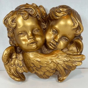 Antique 3D Cherub Angels Plaster Chippy Gold Baroque Heavy Vintage Wall Art - Picture 1 of 8