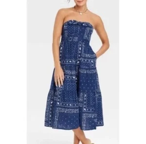 NWT Universal Thread Blue Bandana Patchwork Floral Strapless Midi Sundress M - Picture 1 of 8