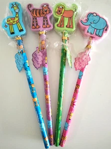 4x Jungle Safari Giraffe Lion Tiger Elephant Pencils Eraser Toppers Party Favour - Picture 1 of 2