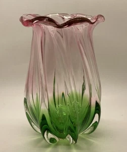 Teleflora Vase Watermelon Pink Green blown glass ruffled edge sticker 7.75"H - Picture 1 of 6