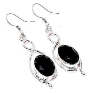 Handmade Black Spinel Gemstone 925 Sterling Silver Dangle Jewelry Earrings 1.6" - Picture 1 of 4