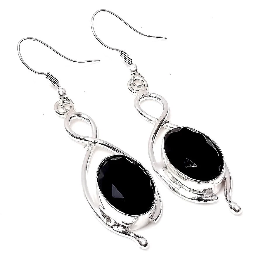 Handmade Black Spinel Gemstone 925 Sterling Silver Dangle Jewelry Earrings 1.6" - Image 1 of 4