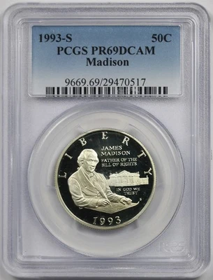 1993-S James Madison 50C PCGS PR 69 Deep Cameo Modern Commemorative Half Dollar - Image 1 of 4