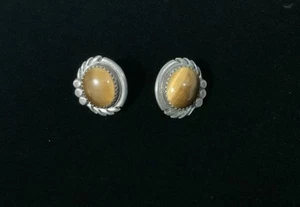 Oval Tiger’s Eye Silver Post Earrings Leaf Design - Picture 1 of 6