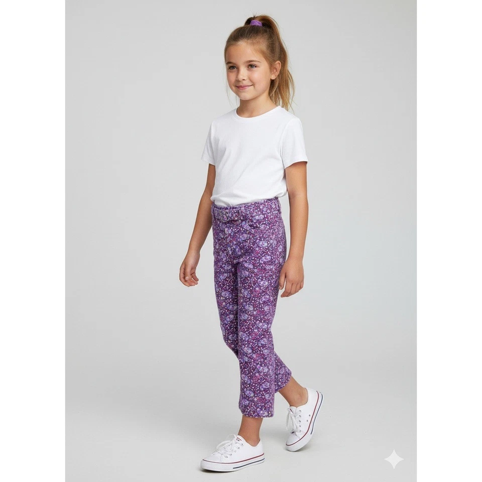 Pantalones de pana floral púrpura Connection para niñas talla 8 con cinturón pierna ancha Y2K Foto 1 de 4