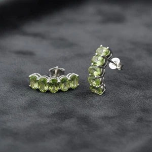 Green Peridot Hoop Earrings 925 Silver Dainty Half Hoops Thanksgiving Gift Women - Picture 1 of 18
