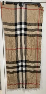 Burberry Wool Cashmere Scarf Shawl Beige Plaid Fringe 55”x54”Soft Beach Wrap - Picture 1 of 16