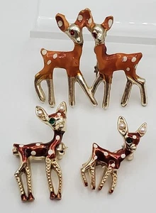 VTG 3 Deer Brooch Mixed Lot 0.5in Gold Tone Green Crystal Eyes Enamel Fawn Pins - Picture 1 of 13