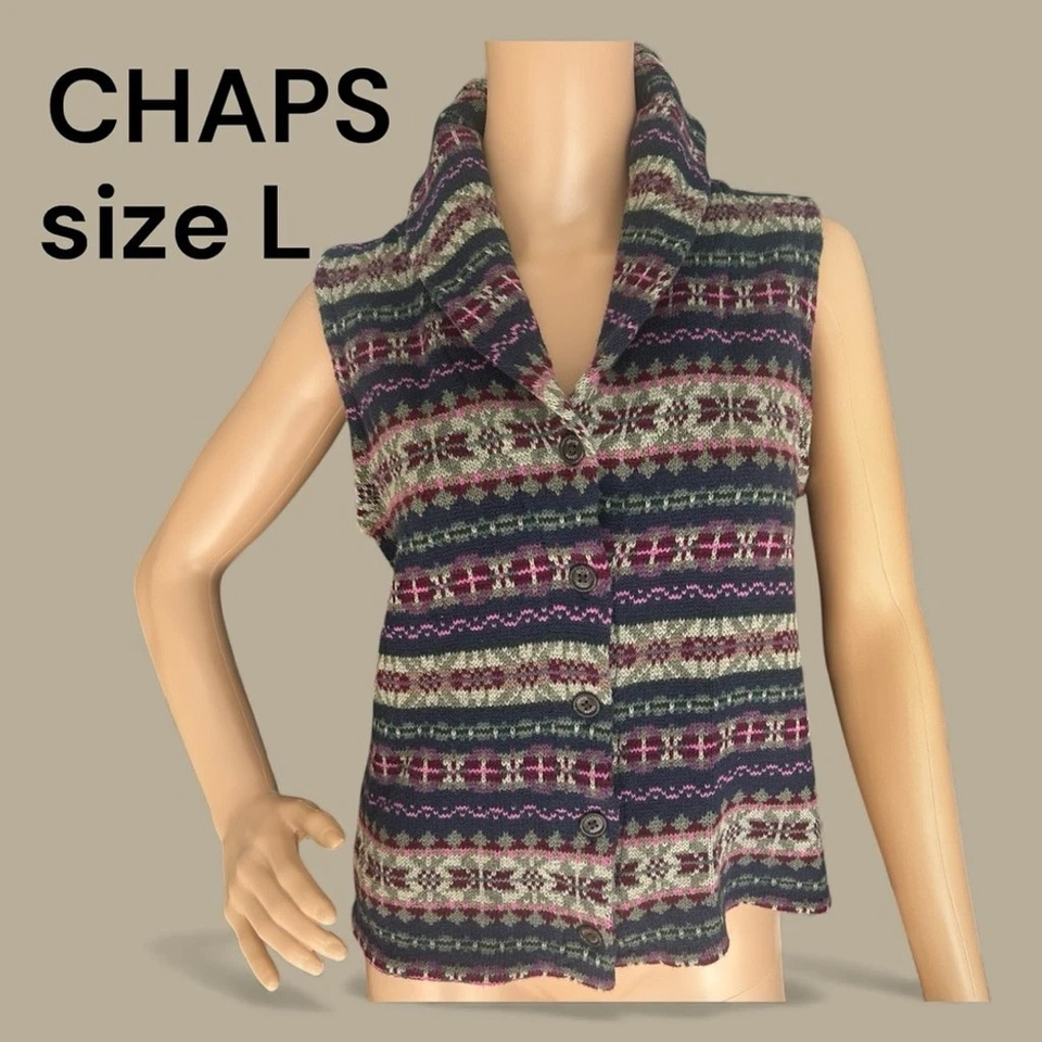 Chaps Denim Fair Isle 毛衣背心女式 L 披肩领纽扣冬季针织 — 第 1/4 张图片