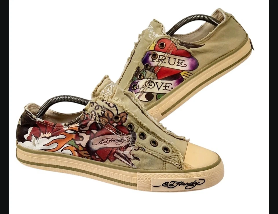 Vintage Ed Hardy Canvas "True Love" slip-on laceless tennis shoes,women's Sz. 10 - Image 1 of 4