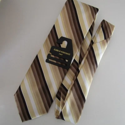 Carlo Visconti Italy Mens Cream Brown White Striped Tie Classic Hanger As New - image 1 of 4