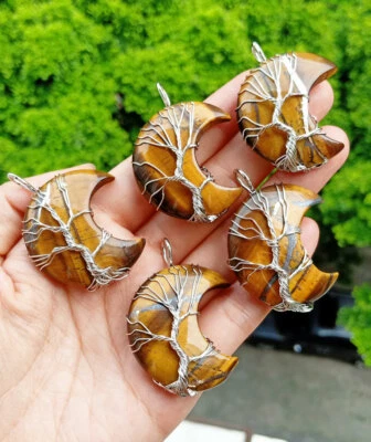 5pcs Tiger eye Stone Tree of life Moon Pendants Energy Reiki Healing Amulet - Image 1 of 4
