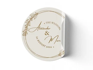 35 x Beige Gold Modern Minimalist Wedding Circle Stickers With Wedding Date Name - Picture 1 of 3