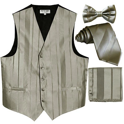 New Men's stripes Tuxedo Vest Waistcoat & necktie & Bow tie & Hankie silver prom - Image 1 of 4