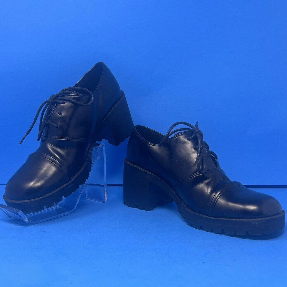 Fashion Bug Women Shoes Size 7 Black Chunky Faux Leather Heel Platform Loafers.. - Image 1 of 4