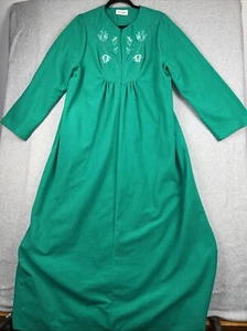 VTG Nightgown Shadowline Fleece Zip Top Emerald Green Floral Embroidered Size L - Picture 1 of 17