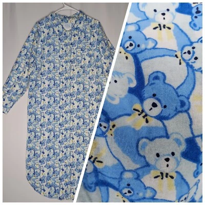 Ashley Taylor Long Flannel Nightgown Medium Blue Teddy Bear Cotton Button Collar - Image 1 of 4