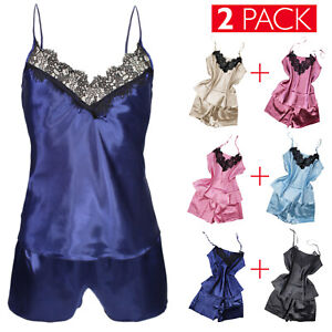 2 Pack Pigiama Donna Baby Doll Sexy Intimo Notte Top+Shorts Merletto Pizzo VEQUE