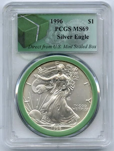1996 American Eagle de Plata Dólar PCGS MS69 Verde Etiqueta US Mint Sellado Caja - Imagen 1 de 2
