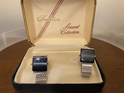 Gemelos Swank Vintage Tono Plateado Piedra Negra Malla Envolvente Foto 1 de 2